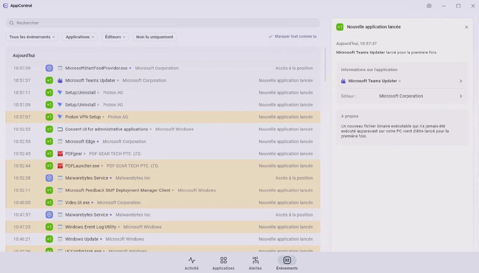AppControl dashboard showing today's software events list with time stamps, status icons, and a right panel about a newly launched application (Microsoft Teams Updater).