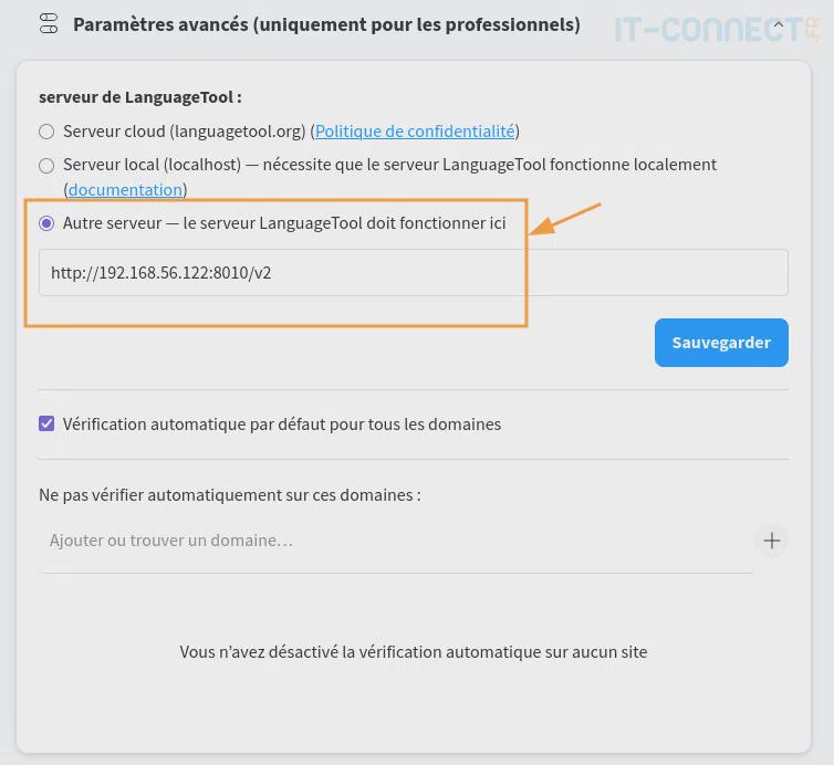 Paramétrage du serveur LanguageTool dans la configuration du plugin.